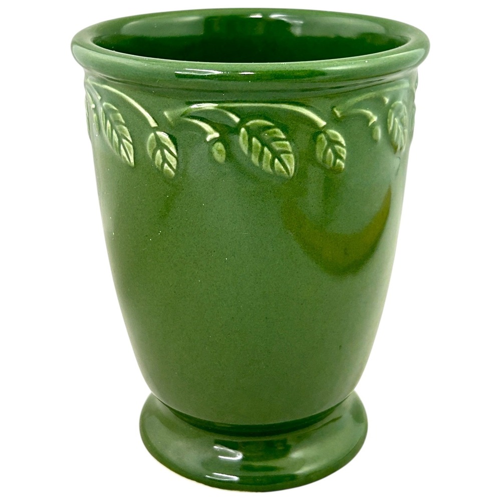 Longaberger AT HOME GARDEN VASE Green Ceramic Leaf Embossed Footed 5" - Picture 3 of 7